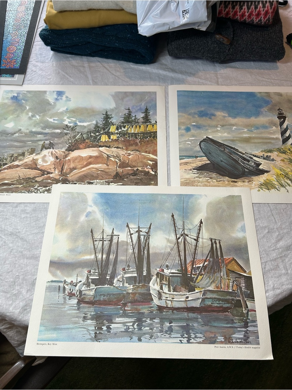 Lot of 3 Watercolor Art Prints by Phil Austin on textured paper. Unframed.